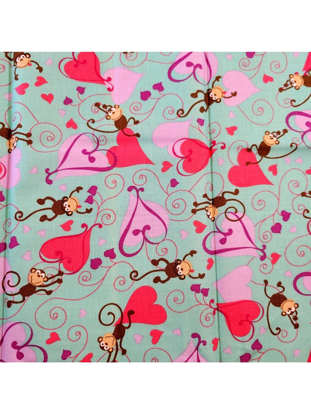 Cotton Fabric Monkeys Hearts on Aqua 1/2 Yd x 42" Valentines JOANN 2011